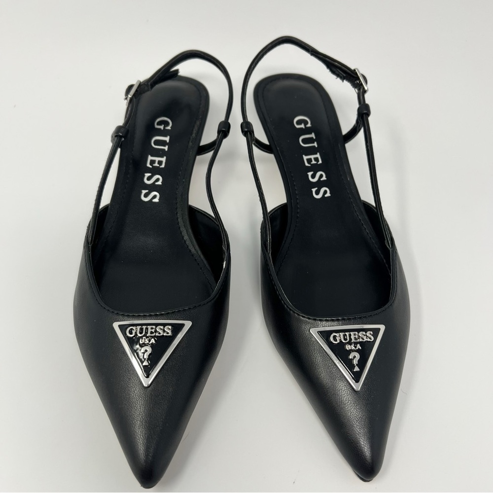 GUESS Black Pointed Toe Slingback Heels with Silver Logo Plaque
